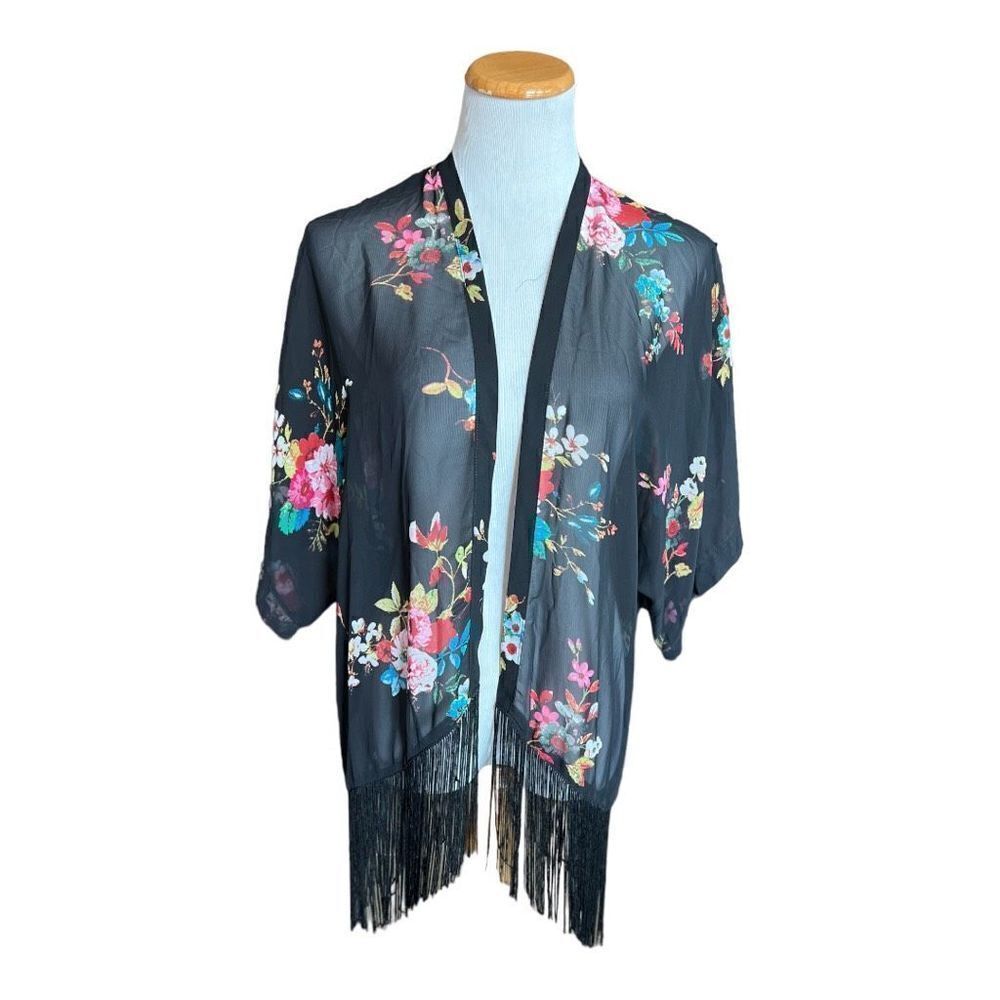 NWT Womens Eyeshadow Black Floral Fringe Kimono Poncho - Sz XS